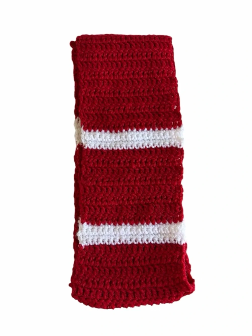 Cozy Handmade Red Infinity Crochet Scarf with White Accent Stripes